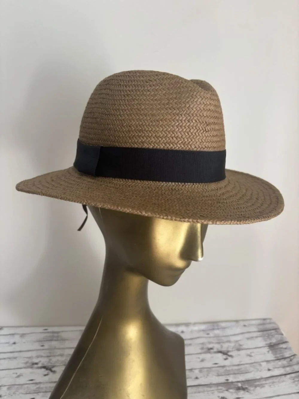 Vintage Banana Republic Straw Hat Made in Italy Black Ribbon Sun Beach Fedora SM